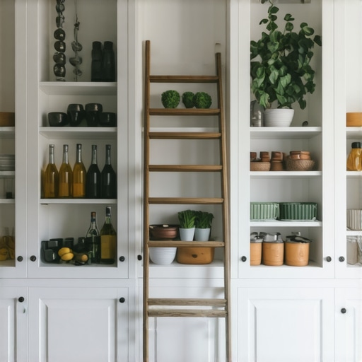 A wooden rolling ladder attached to a black metal track on floor-to-ceiling white custom kitchen cabinets.
