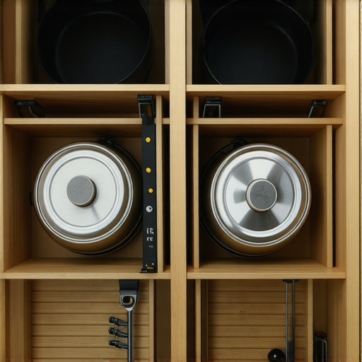 Deep kitchen drawer with wooden partitions organizing heavy cookware vertically
