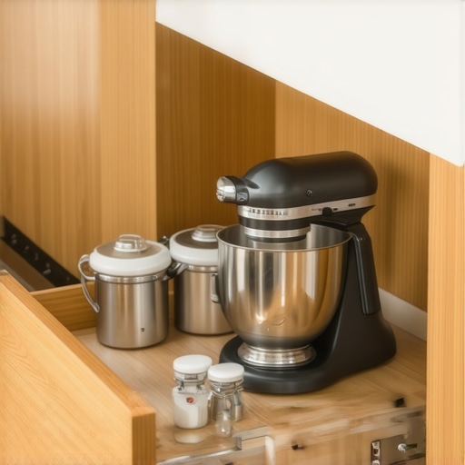 A sturdy custom kitchen deep drawer holding a stand mixer and blender to demonstrate smart storage solutions.