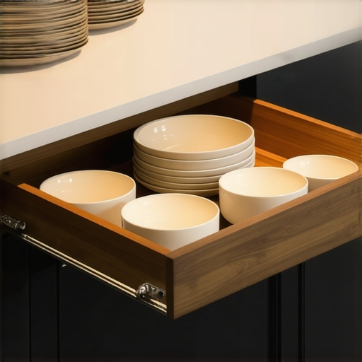 A custom kitchen island drawer with heavy duty slides holding stacked plates.