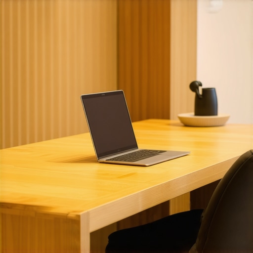 A modern built-in kitchen desk designed with ergonomic height and a slim drawer for legroom.