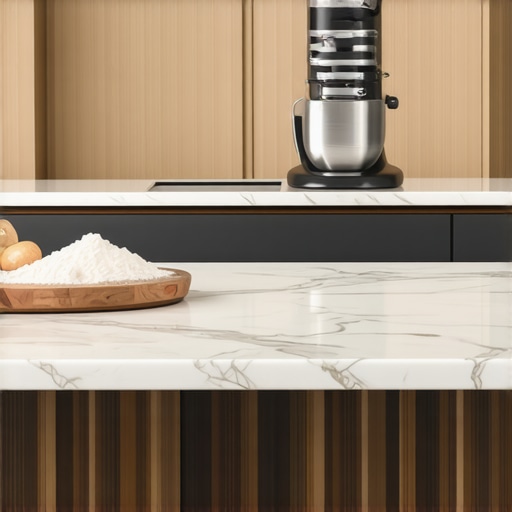 Ergonomic Two-Tiered Kitchen Island Design A modern kitchen island featuring a lowered walnut baking station for ergonomic use.