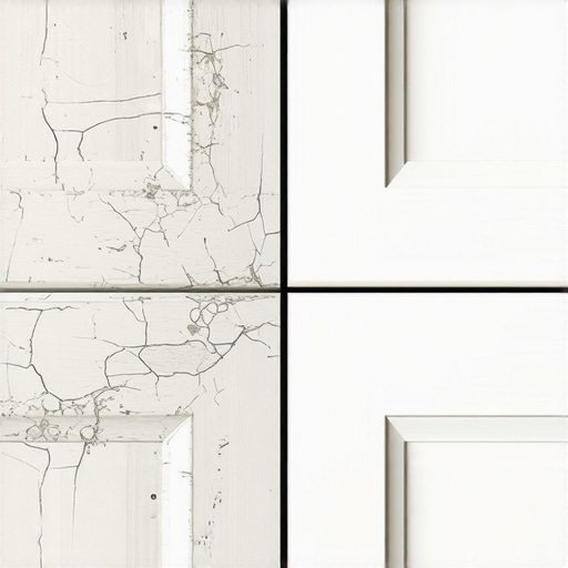 Close up comparison of factory-applied cabinet finish versus hand-painted cabinet finish showing durability differences.