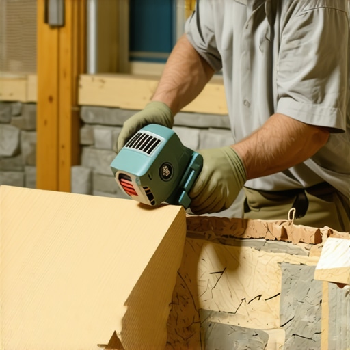 Woodworker using a flap disc to shape a custom wood bench scribe for a stone wall fit.