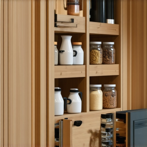 Custom kitchen pull-out pantry drawer with organized glass jars.