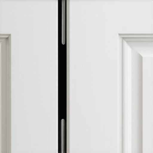 Close-up of white cabinet door joint showing paint cracking due to wood movement.