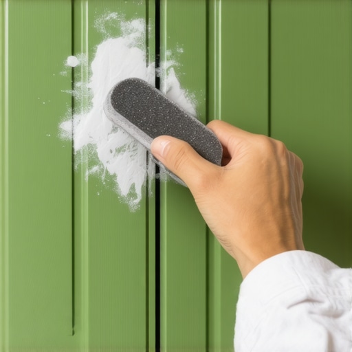 Close up of sanding a green cabinet door with foam block and white dust