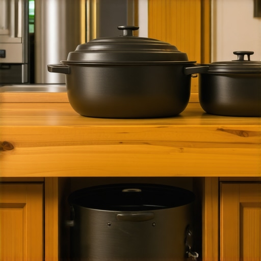 Heavy Duty Custom Kitchen Drawer with Solid Wood Construction Close up of a deep custom maple drawer holding heavy cast iron cookware to show storage weight capacity.