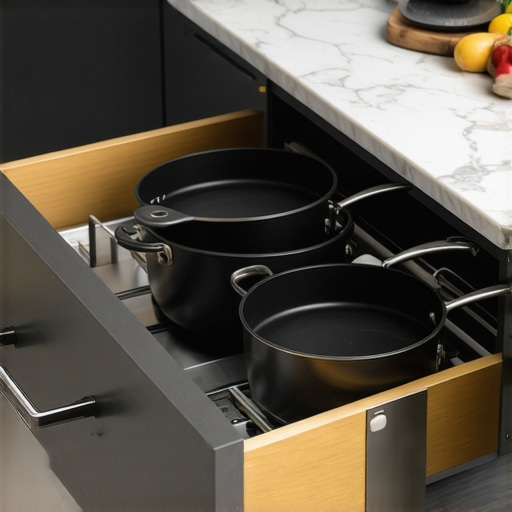 Close up of heavy-duty plywood drawer with stainless steel slides holding heavy cookware.