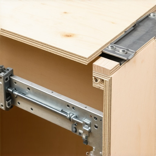 Close-up of industrial-grade ball-bearing drawer slides for custom kitchen cabinetry.