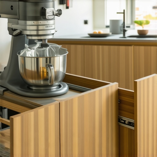 A custom-built heavy-duty pull-out drawer in a modern kitchen holding a large stand mixer.