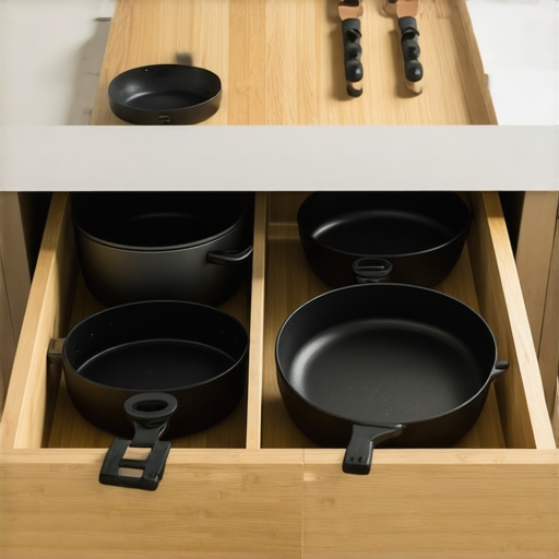 A close-up of organized cast iron pans in a custom kitchen drawer with premium soft-close hardware.