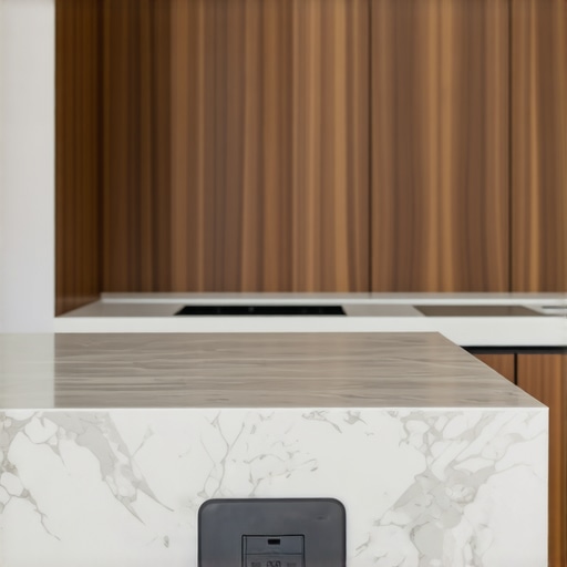 A modern hidden pop-up outlet installed in a luxury kitchen island countertop.