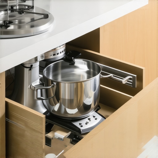 High-Capacity Deep Drawer Construction A sturdy wooden kitchen drawer pulled out to show heavy appliances and robust construction.