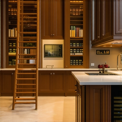 Custom kitchen cabinets with a rolling ladder and a LeMans corner pull-out for maximum storage efficiency.