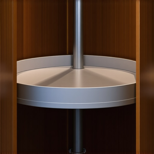 Close up of a wooden Super Susan rotating shelf installed in a custom corner cabinet without a center pole