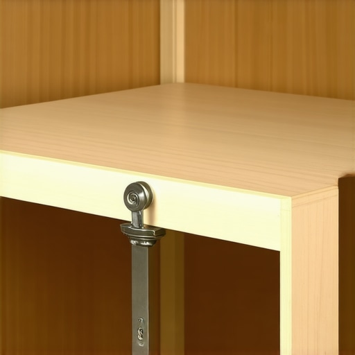 Close-up of a ball-bearing swivel on a maple plywood shelf for a custom kitchen cabinet corner.