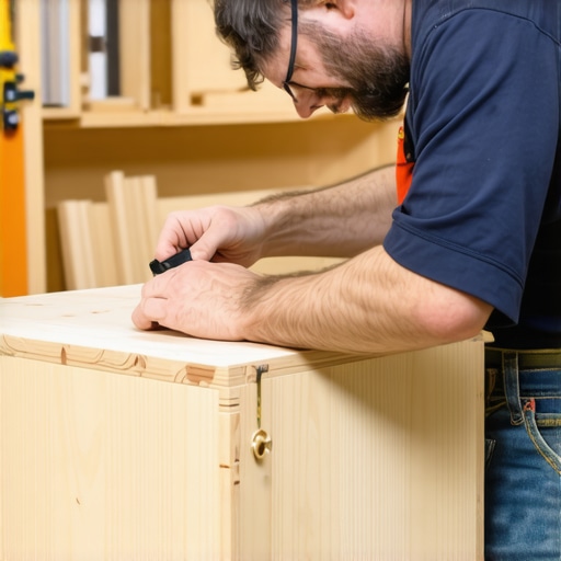 Close up of a carpenter checking the structural integrity of a custom cabinet box joinery.