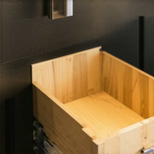 Close-up of professional solid maple kitchen drawer box with metal slides.