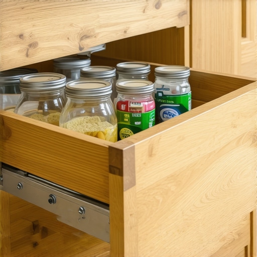 High-Quality Full Extension Pantry Pull-Out Close-up of a professional pantry pull-out system with steel slides and plywood construction.