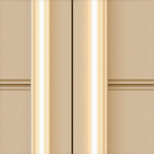 High-gloss beige kitchen cabinet reflecting artificial light in a windowless kitchen.