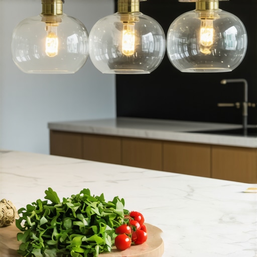 Ideal Pendant Light Height for Kitchen Islands Properly spaced and hung glass pendant lights over a modern kitchen island.
