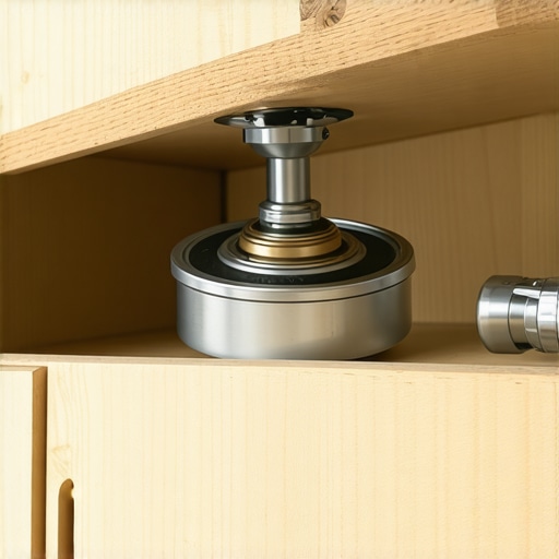 Close-up of heavy-duty ball-bearing turntable hardware for a corner cabinet mounted on plywood.