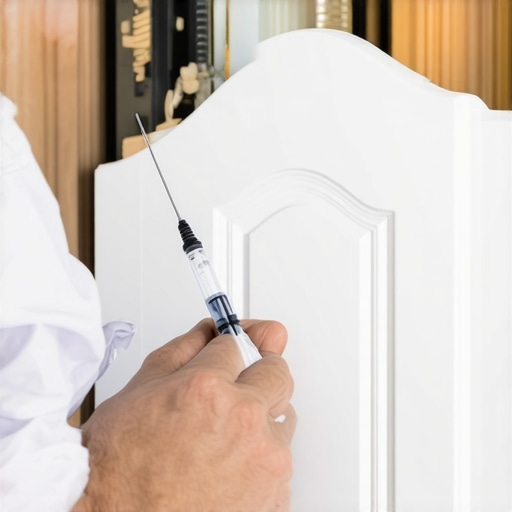Close-up of a precision repair on a cracked cabinet panel using a glue syringe.