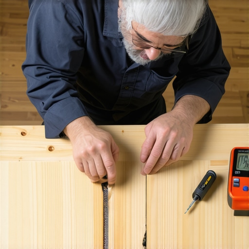 A close up of a carpenter inspecting a crack in a wood panel due to humidity changes.