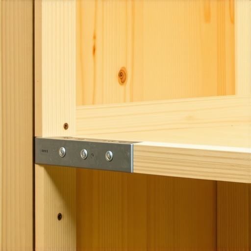 A black steel bracket recessed into a wooden kitchen cabinet to support a granite overhang.