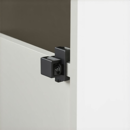 Close-up of a magnetic piston latch being fitted into a custom kitchen cabinet for a handle-less finish.