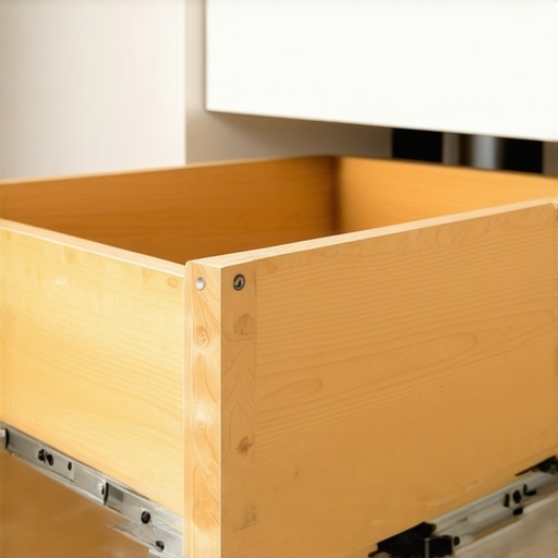 Installing a custom toe-kick drawer Close-up of a wooden toe-kick drawer being installed under a kitchen cabinet.