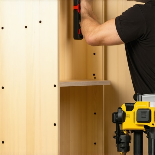 Close-up of pocket screw joinery being used to reinforce a tall kitchen pantry cabinet.