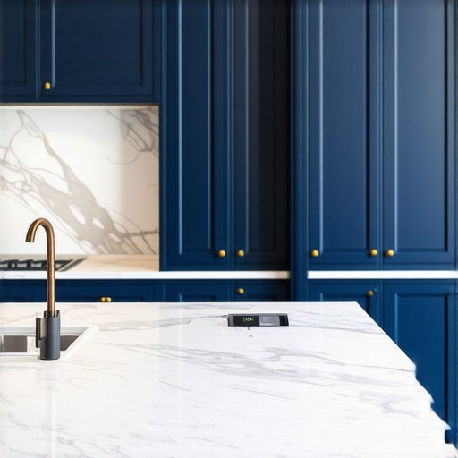 Integrated Island Power Solutions A pop-up electrical outlet installed in a marble kitchen island countertop.