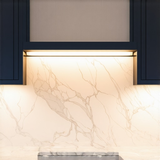 Under-cabinet LED lighting illuminating a marble countertop in a kitchen with custom cabinets.