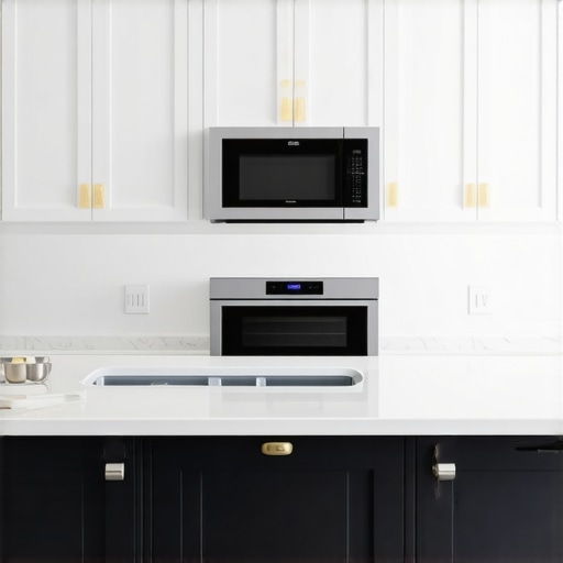 Integrated Microwave Drawer with Custom Hardware Close-up of a professional under-counter microwave drawer installation in custom cabinetry.