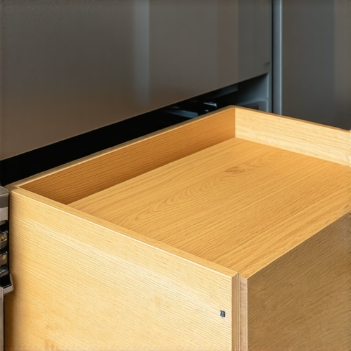 A custom integrated toe kick step platform pulled out from the base of high-end kitchen cabinets