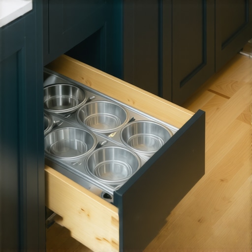 Integrated Toe-Kick Storage Drawer for Baking Sheets Close-up of a hidden toe-kick drawer in a modern kitchen being opened by a foot to show organized baking pans.