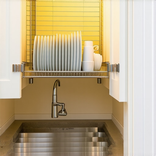 A custom cabinet with a built-in vertical dish drying rack and no bottom floor for airflow.