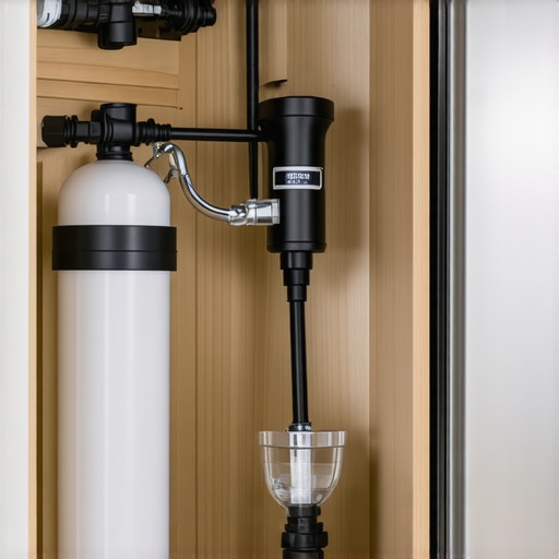 Close-up of a water filtration system installed inside a kitchen cabinet for a plumbed-in coffee machine.