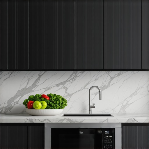 Integrated microwave drawer in modern kitchen island A modern kitchen island featuring an integrated microwave drawer within dark wood custom cabinets to clear the countertop.