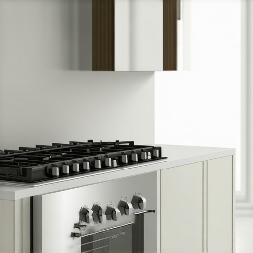 Stainless steel heat shield installed on kitchen cabinet edge