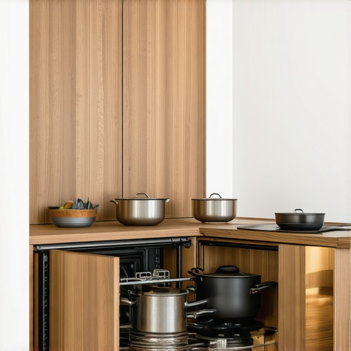 LeMans Pull-Out Storage Efficiency Close up of a modern kitchen corner cabinet with an innovative LeMans pull-out storage system holding heavy pots.