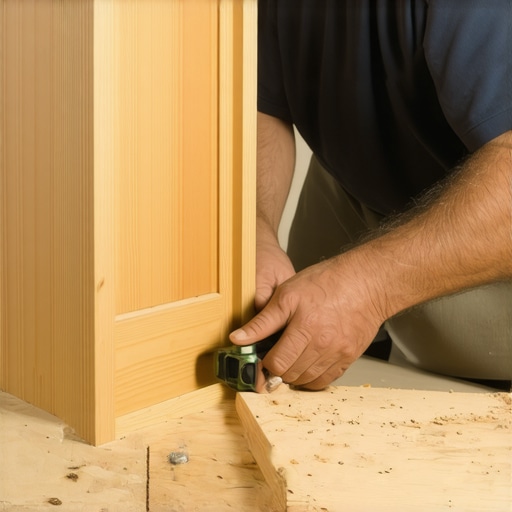 Leveling Base Cabinets on Subfloor Contractor using shims and a level to install kitchen cabinets on a subfloor.