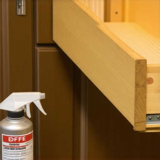 Dry PTFE spray next to premium cabinet drawer slides inside a kitchen cabinet