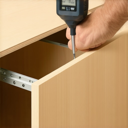 Close-up of a worker adjusting heavy-duty bottom-mount drawer slides with professional tools.