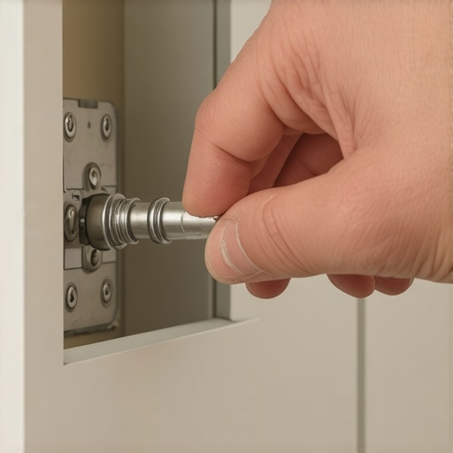 A detailed shot of a screwdriver adjusting a European hinge for perfect cabinet door alignment.