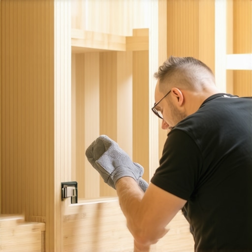 Close up of maintaining birch plywood kitchen cabinet dividers with paste wax.