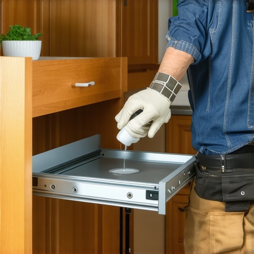 Carpenter applying dry lubricant to heavy-duty cabinet slides of a built-in step stool