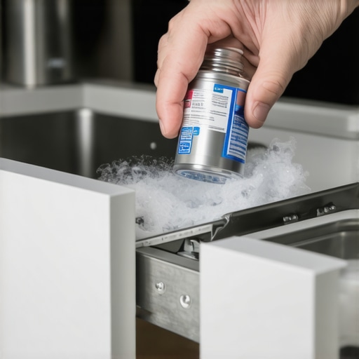 Maintaining Kitchen Drawer Slides with Dry Lubricant A person applying dry PTFE spray to a metal pantry drawer slide to ensure smooth operation.